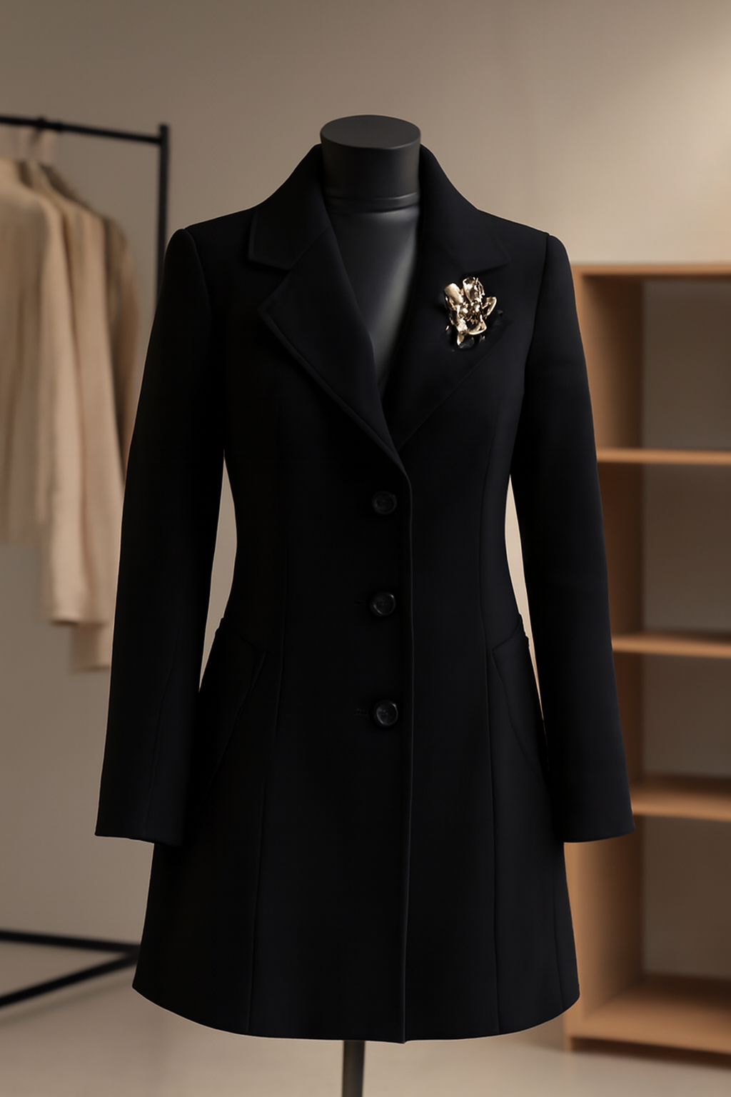 Elegant Black Women's Coat with Tailored Fit and Gold Brooch
